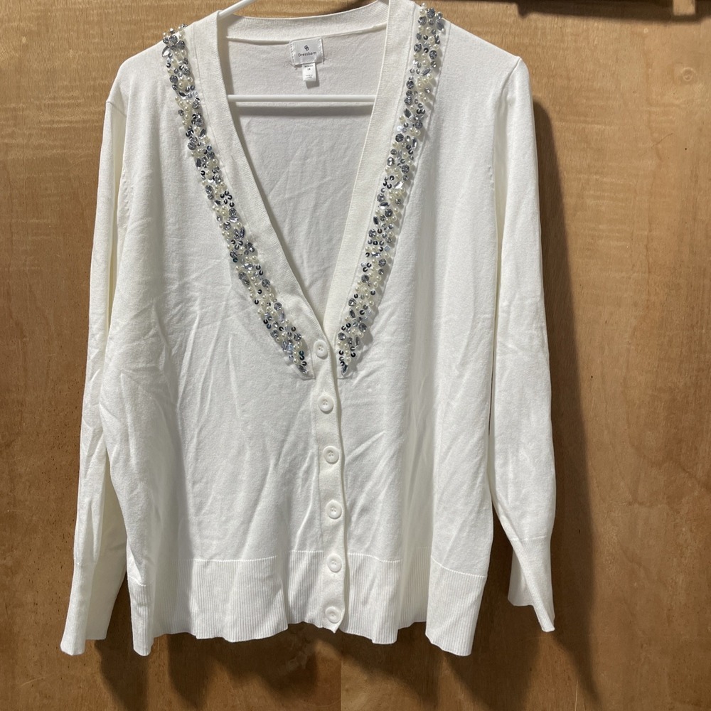 Dressbarn Ivory Beaded Cardigan 1X‎ V Neckline Button Down RN 108357